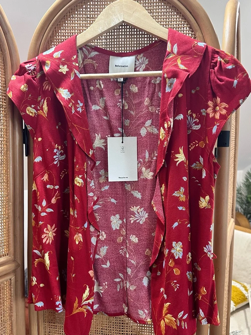 Reformation Red Floral Tie-Waist Wrap Top